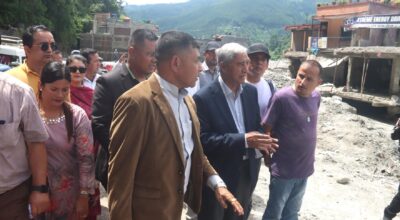 Former Prime Minister Deuba inspects flood-hit Dhungebazar in Nuwakot