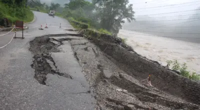 Traffic disrupted on Prithvi Highway by road subsidence, landslides