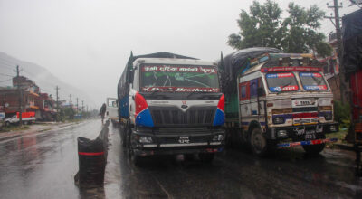 Cargo vehicles stranded in Kurintar due to Prithvi Highway landslide